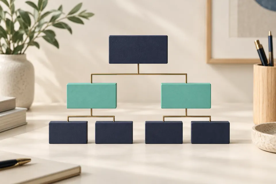 A schematic business structure with connected mint-green and blue blocks