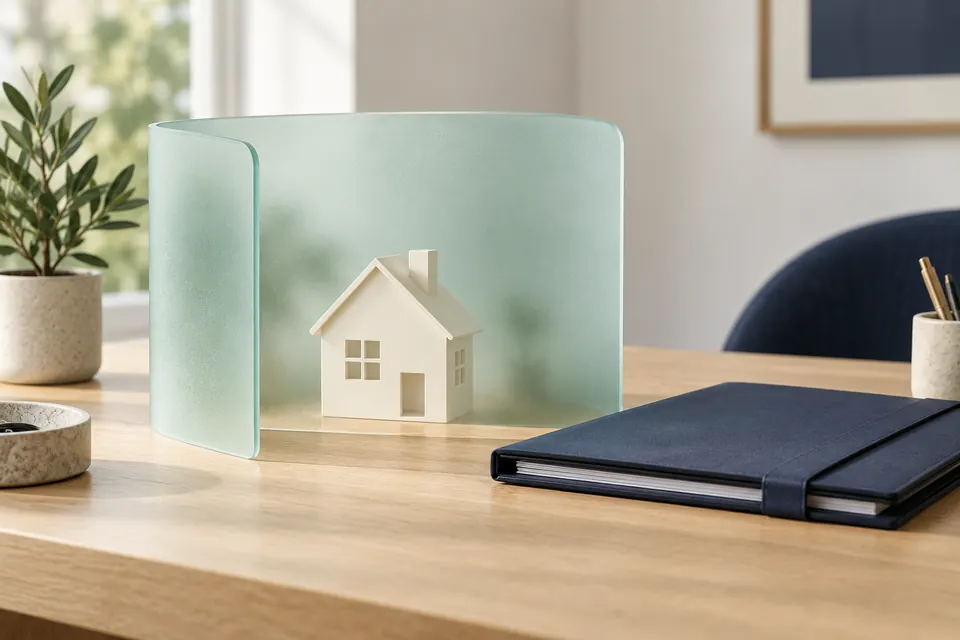 Miniatuurhuis achter een beschermend scherm als symbool voor privacy